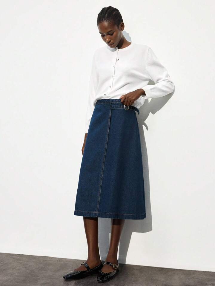 CM-BS200224 Women Casual Seoul Style Dark Wash Mid Waist Side Buckle Design A-Line Midi Denim Skirt