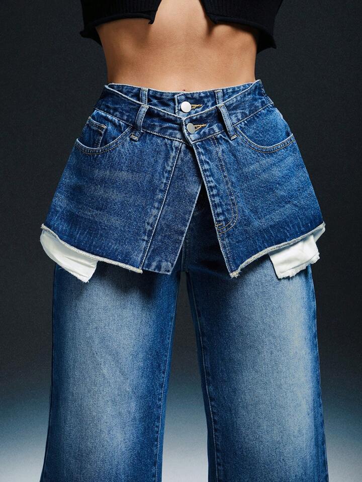 CM-BS571430 Women Casual Seoul Style Medium Wash Layered Waist Double Pocket Jeans