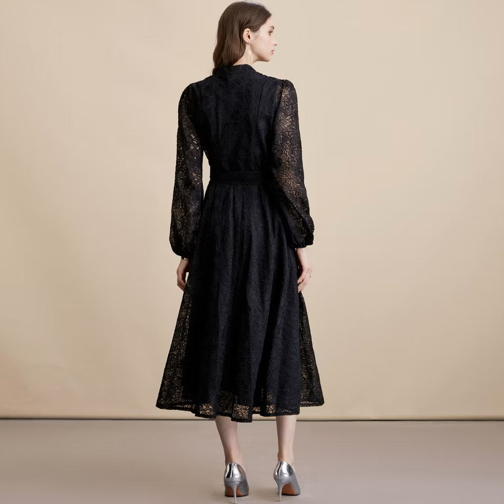 CM-DY054194 Women Elegant European Style Lace Embroidery Stand Collar Long Sleeve Belted MIdi Dress - Black
