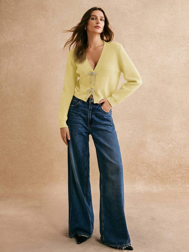 CM-CS455888 Women Casual Seoul Style Solid Color Bow Decor Long Sleeve Knit Cardigan - Yellow