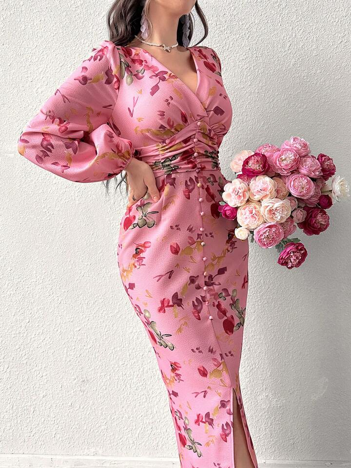 CM-DS851550 Women Casual Seoul Style V-Neck Button Down Long Sleeve Cinched Waist Dress - Pink