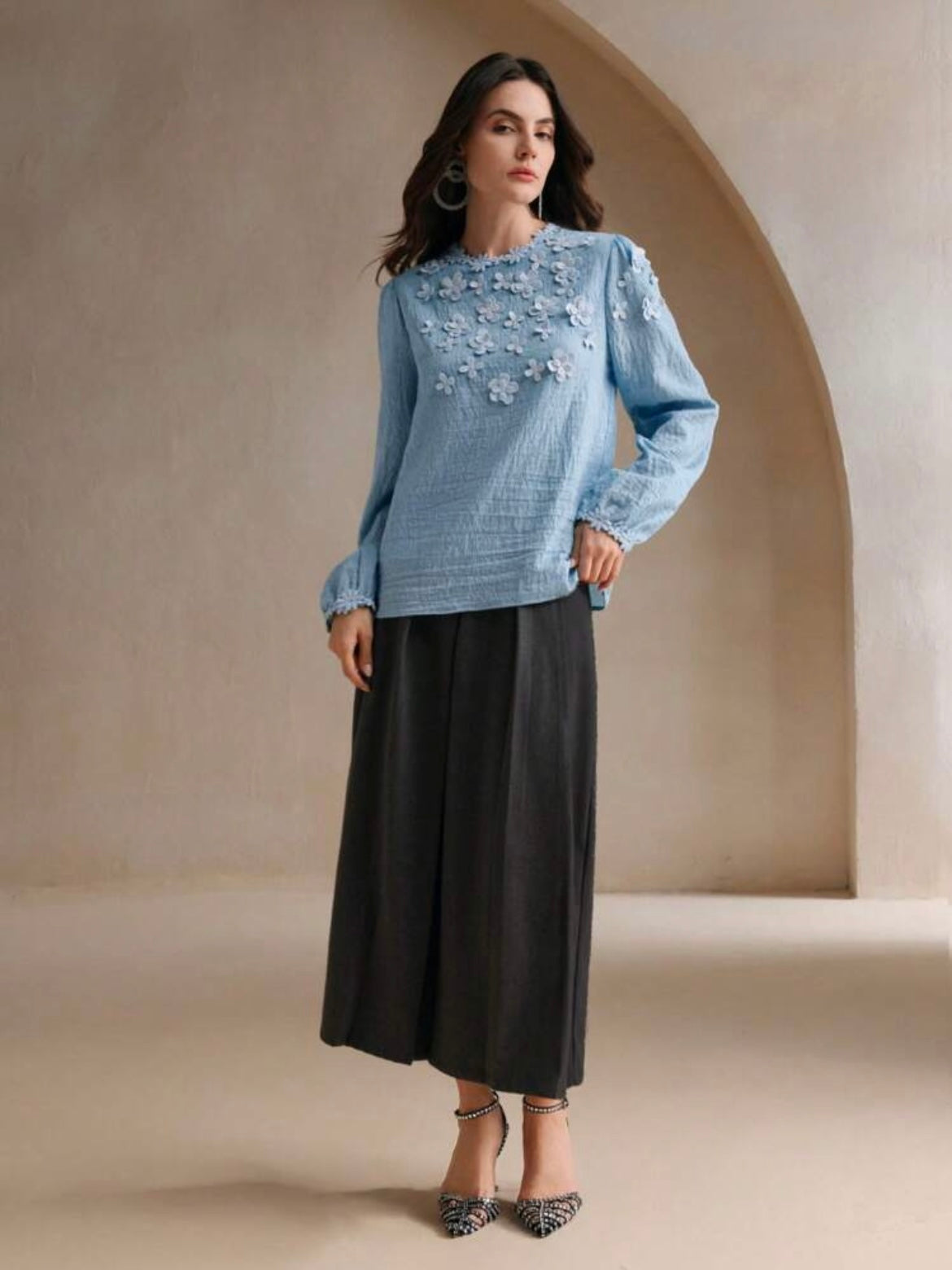 CM-TS969793 Women Elegant Seoul Style Embellished Textural Floral Lantern Sleeve Blouse - Blue