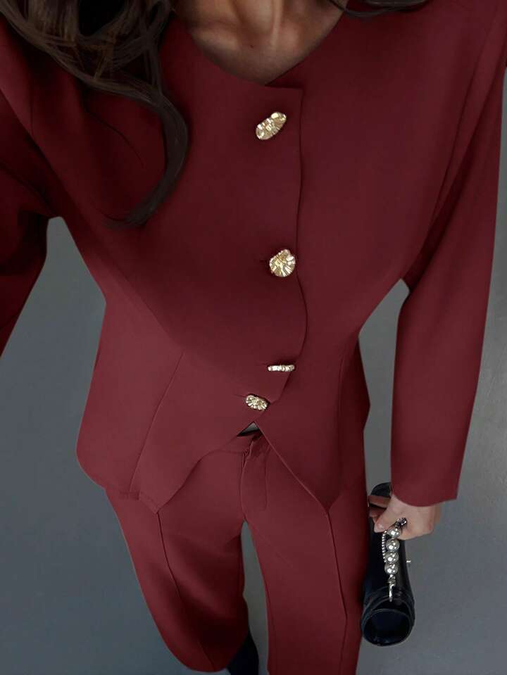 CM-SS012207 Women Elegant Seoul Style Slim Fit Round Neck Long Sleeve Top With Floor-Length Straight Leg Pants - Set