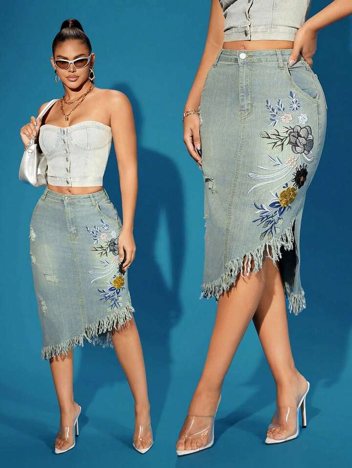 CM-BS338193 Women Casual Seoul Style Light Wash Embroidery And Washed Design Midi Denim Skirt