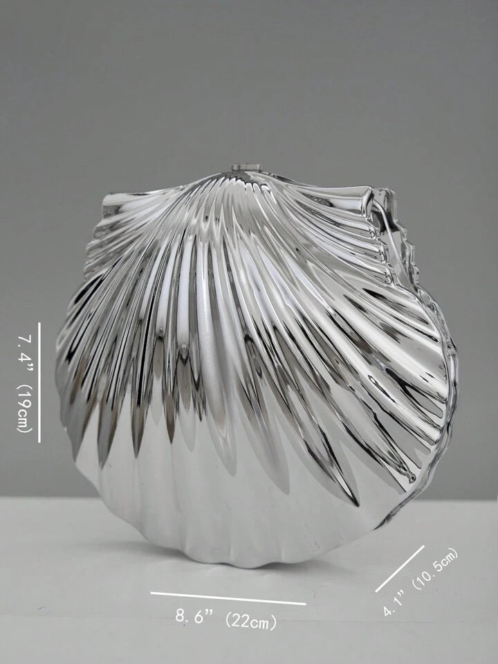 CM-BGS357177 Women Trendy Seoul Style Pearl Shell Chain Kiss Lock Handbag - Silver