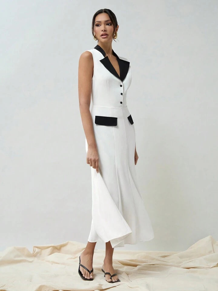 CM-DS902728 Women Elegant Seoul Style Stand Collar Contrast Color Sleeveless Fish Tail Dress