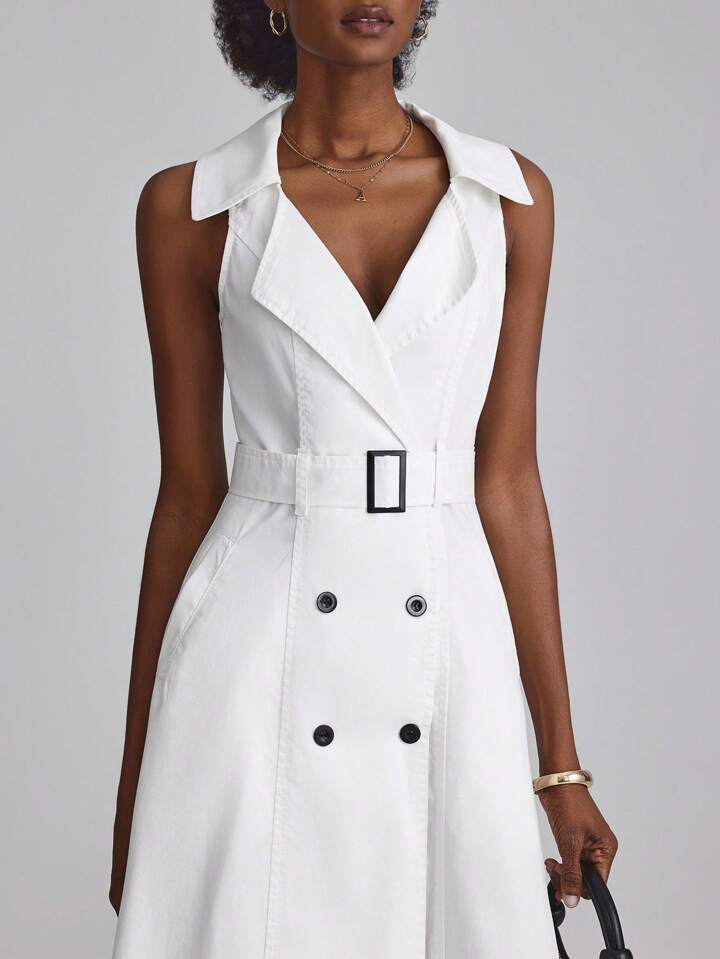 CM-DS483954 Women Elegant Seoul Style Lapel Neckline Double-Breasted Sleeveless Denim Dress