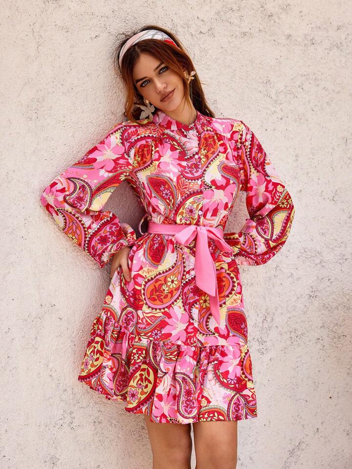 CM-DS544076 Women Trendy Bohemian Style Paisley Printed Lantern Sleeve Dress
