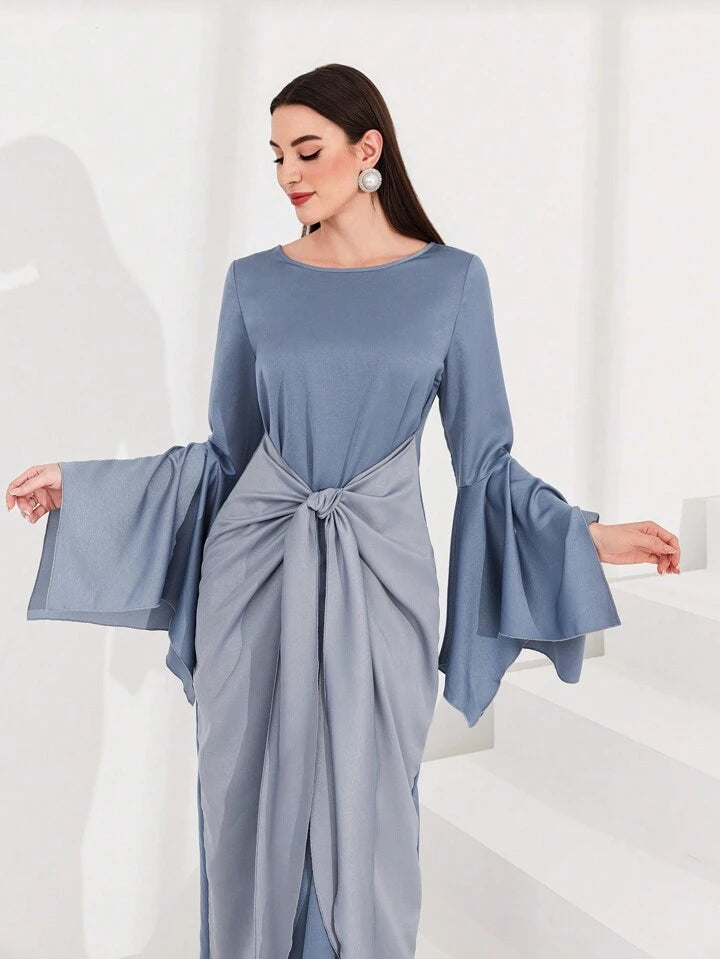 CM-DS044444 Women Elegant Seoul Style Irregular Bell Sleeve Tied Front Dress - Blue