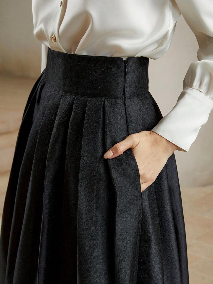 CM-BS549896 Women Elegant Seoul Style High Waisted Puff Pleated Long Skirt - Black