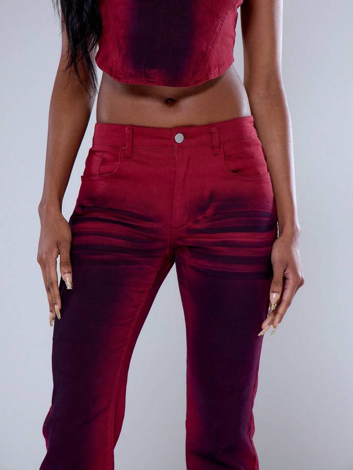 CM-BS614226 Women Casual Seoul Style Low Rise Fit Flare Leg Washed Skinny Jeans - Red