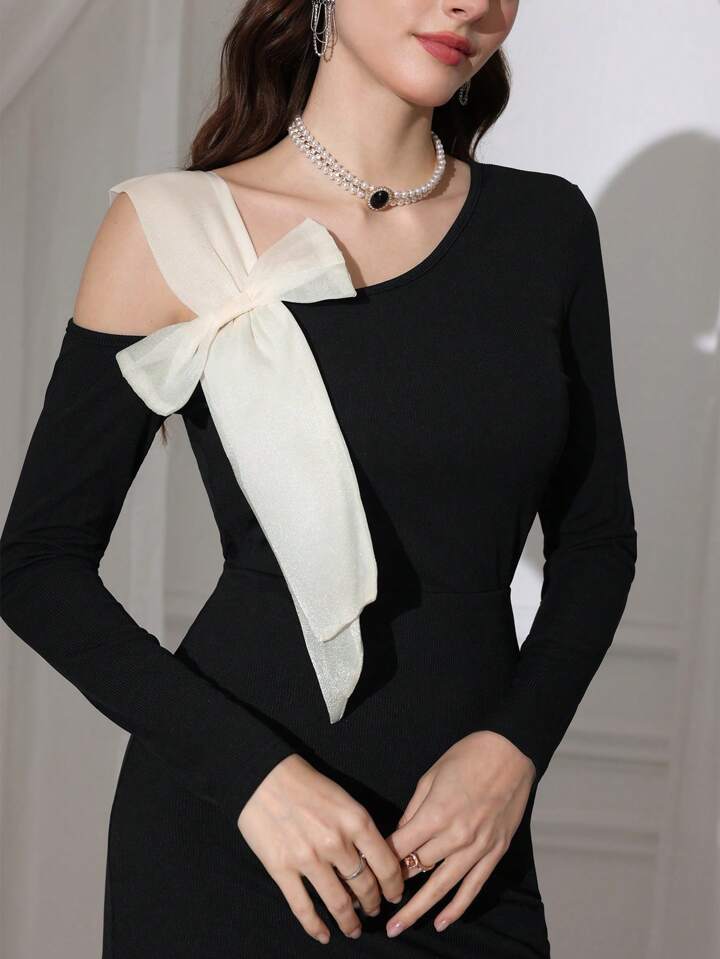 CM-DS763665 Women Elegant Seoul Style Bow Decor Asymmetrical Neck Long Sleeve Dress - Black