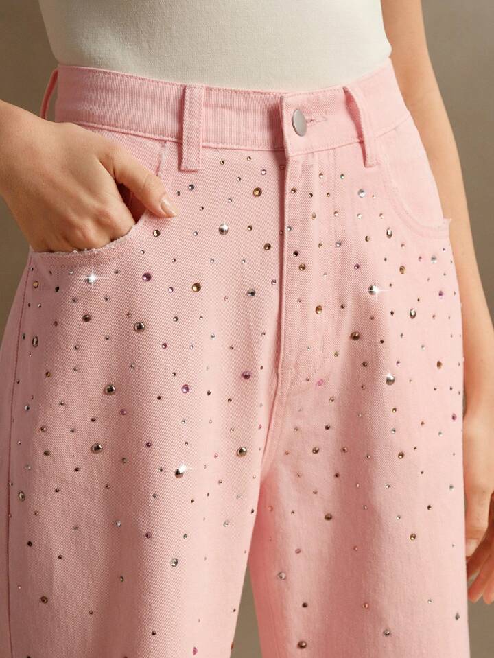 CM-BS806583 Women Casual Seoul Style Mid Waist Rhinestoned Decor Straight Leg Jeans - Pink