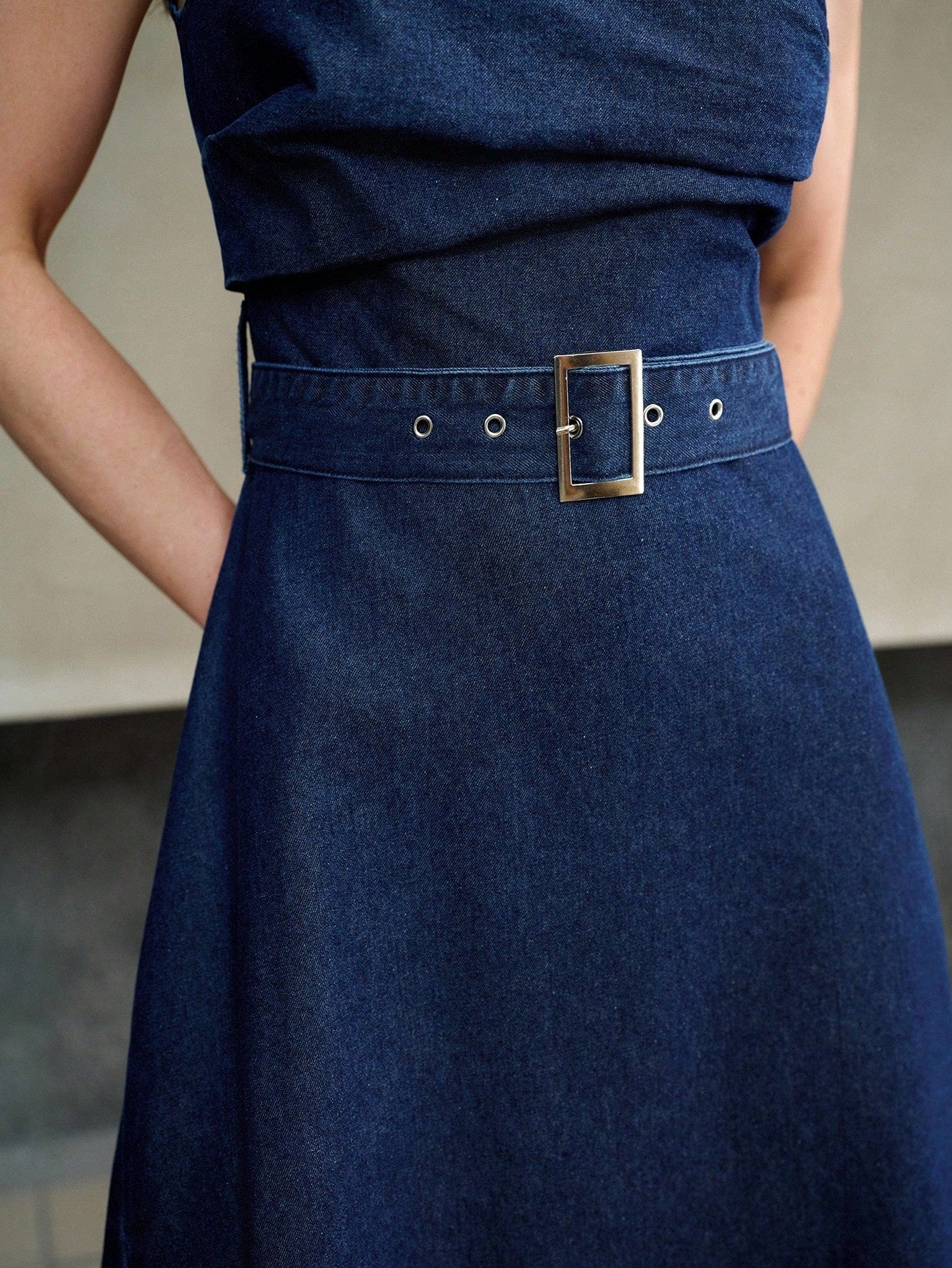 CM-DS408513 Women Elegant Seoul Style Square Neck Sleeveless Asymmetric Pleated Waist Flared Denim Dress - Blue