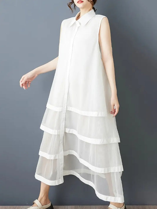 CM-DT033674 Women Casual Seoul Style Collar Neckline Button Front Sleeveless A-Line Shirt Dress - White