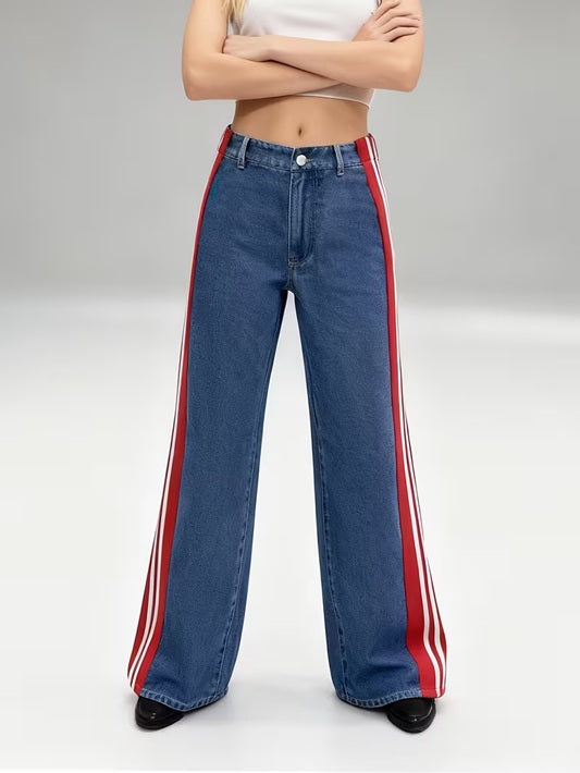 CM-BT576793 Women Casual Seoul Style Patchwork Striped High-Waist Wide-Leg Pants - Red