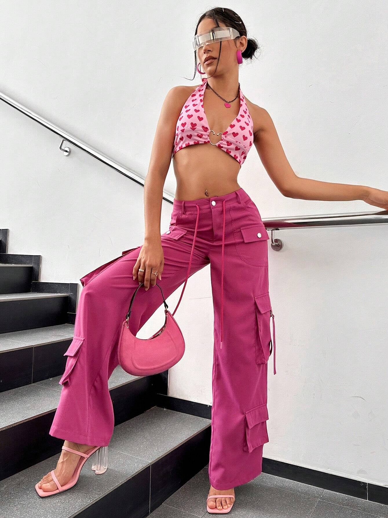 CM-BS431119 Women Casual Seoul Style Flap Pocket Side Cargo Pants - Hot Pink