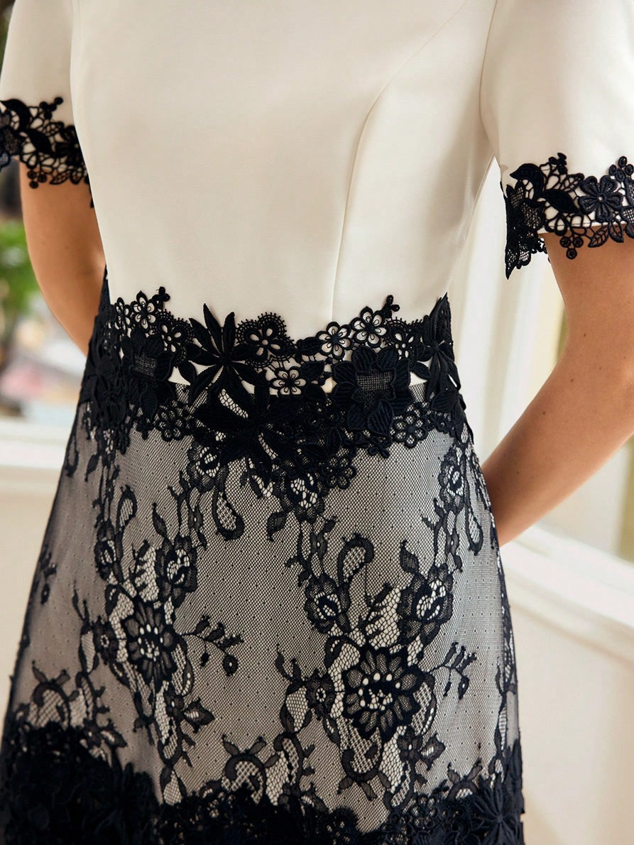 CM-DS712443 Women Elegant Seoul Style Round Neck Short Sleeve Colorblock Lace Waist-Cinching A-Line Mini Dress