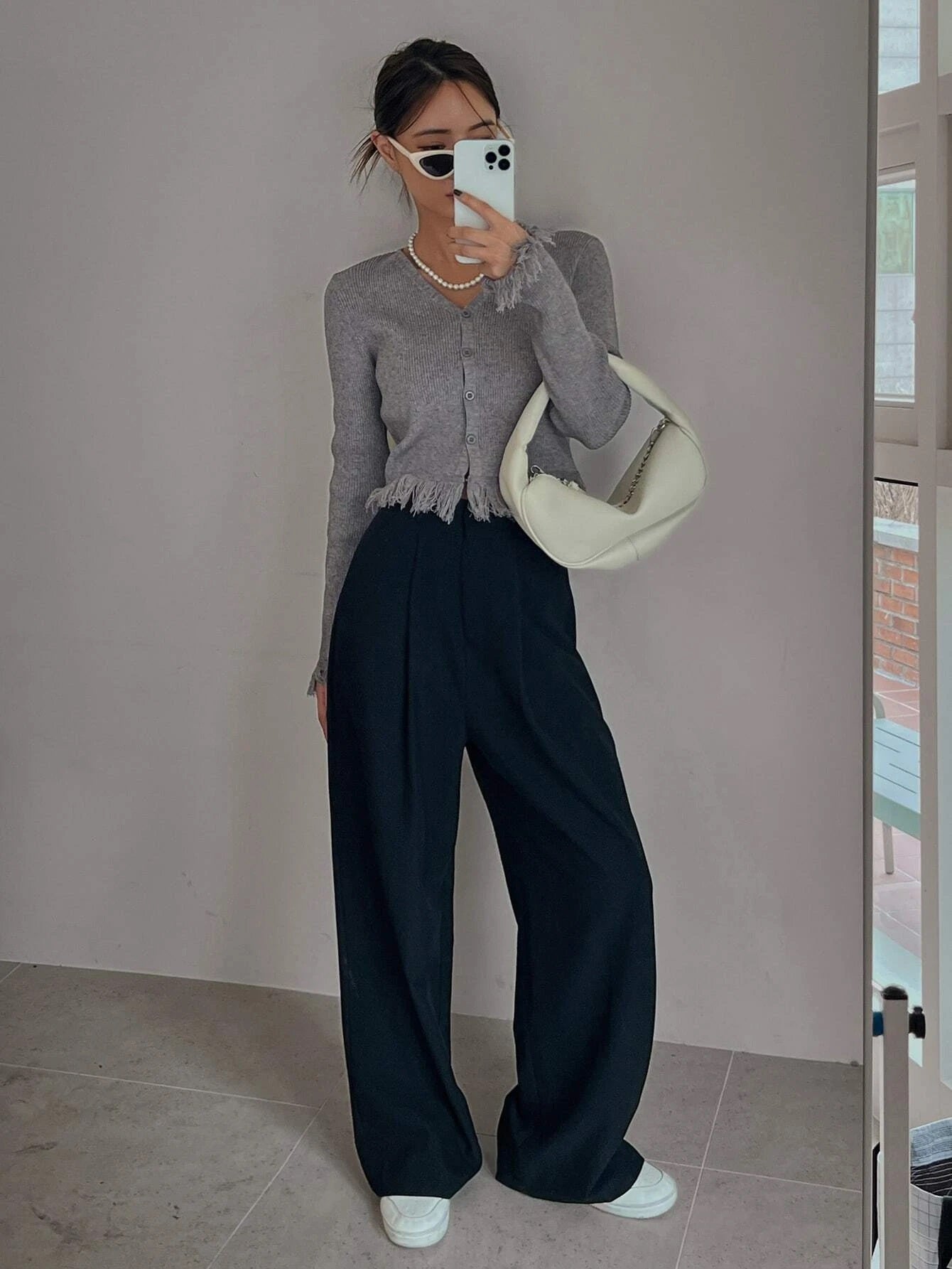 CM-CS542305 Women Casual Seoul Style Fringe Trim Button Front Cardigan - Gray