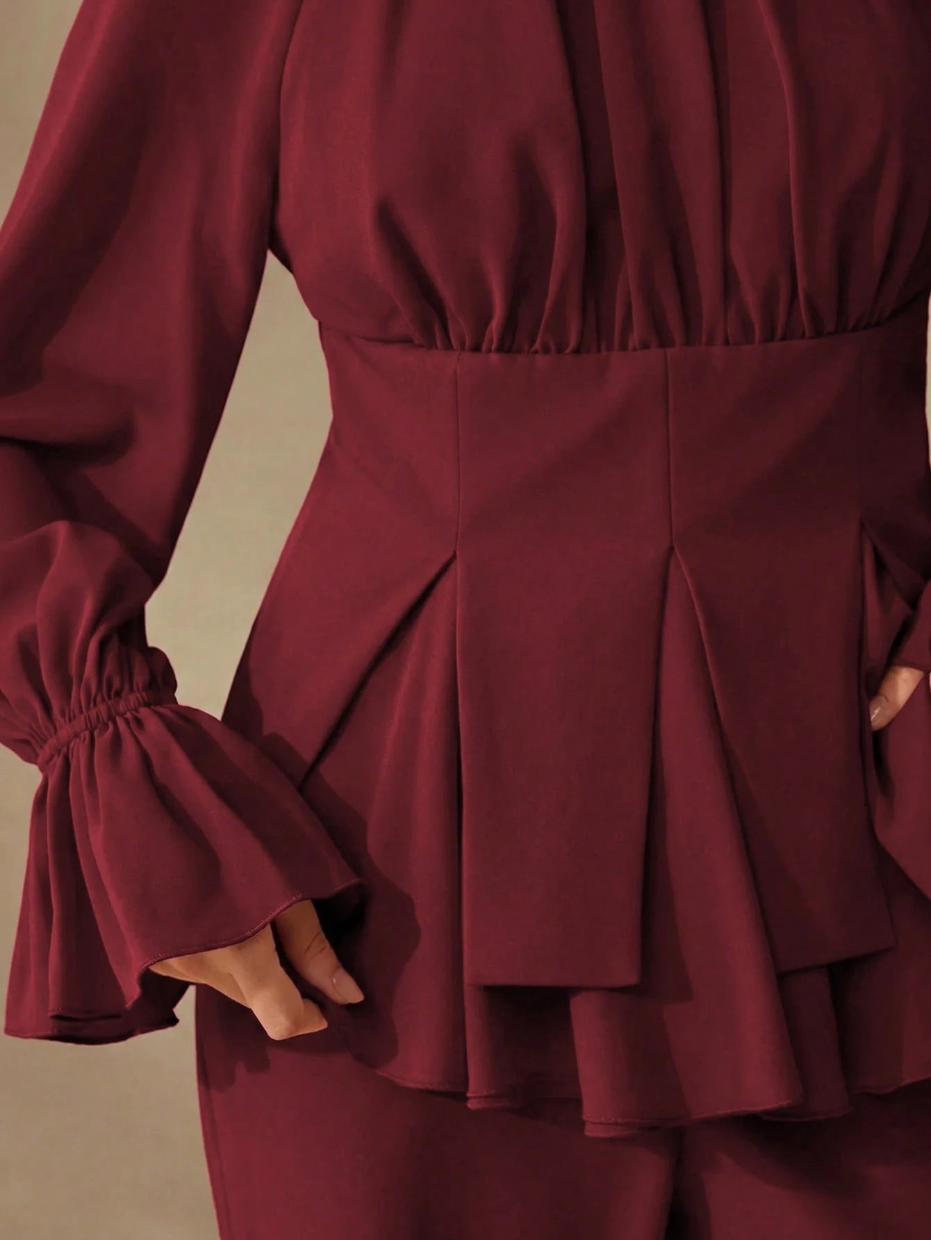CM-SS795385 Women Elegant Seoul Style Round Neck Long Sleeve Chiffon Patchwork Blouse With Flared Leg Pants - Set