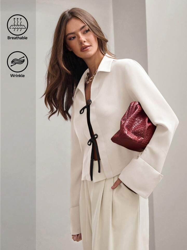 CM-TS523311 Women Trendy Bohemian Style Shirt Collar Front Tie Long Sleeve Shirt - Cream