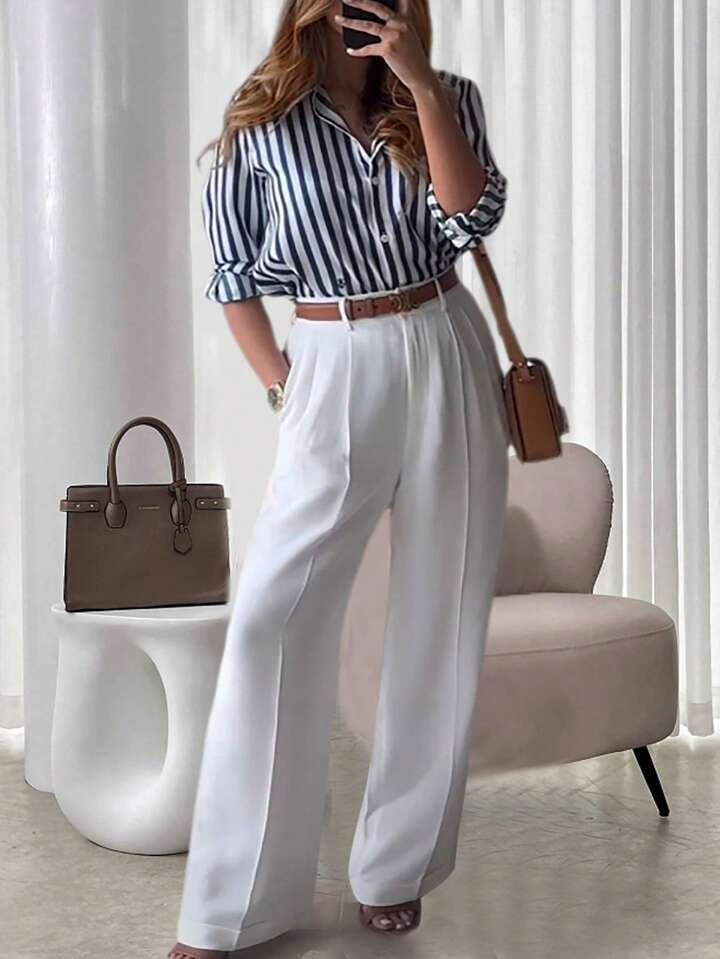 CM-SS215066 Women Casual Seoul Style Striped Collar Neckline Long Sleeve Shirt With Straight-Leg Pants - Set