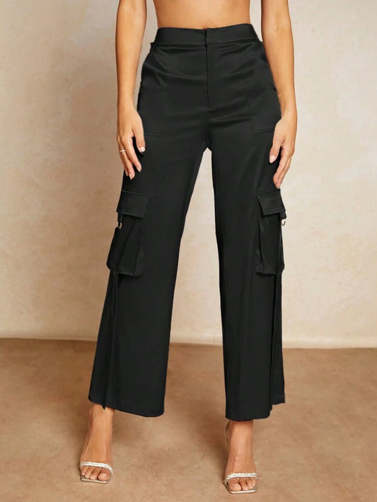 CM-BS086482 Women Casual Seoul Style Drop Waist Pocket Cargo Pants - Black