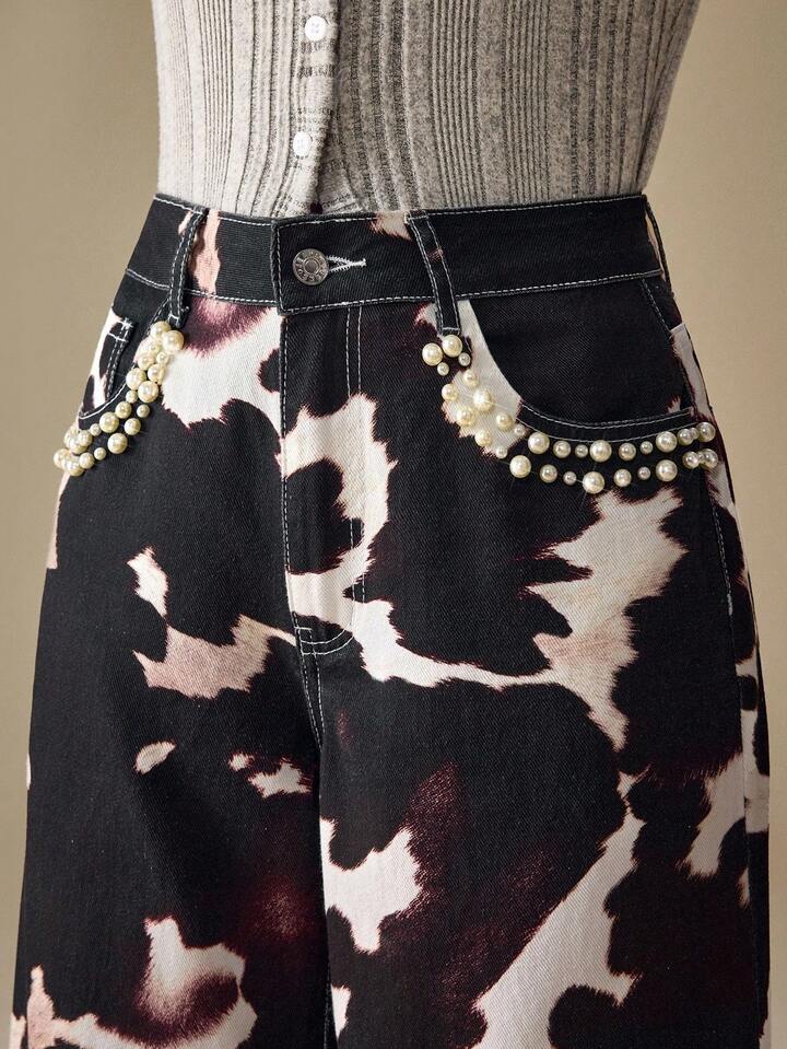 CM-BS448745 Women Casual Seoul Style All-Over Print Elastic Mid Waist Extra Long Straight-Leg Denim Jeans