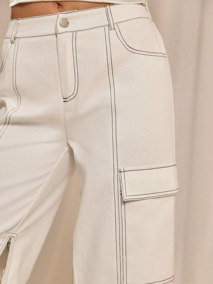 CM-BS593655 Women Casual Seoul Style Solid Color Low Waist Straight Leg Long Pants - White