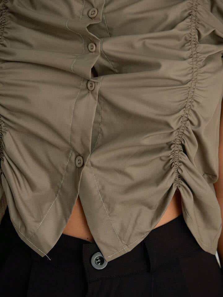 CM-TS859003 Women Casual Seoul Style Shirt Collar Sleeveless Riched Bust Asymmetrical Shirt