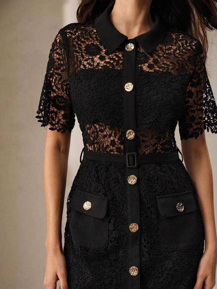 CM-DS140849 Women Elegant Seoul Style Lace Hollow Out Detail Short Sleeve Shirt Dress - Black