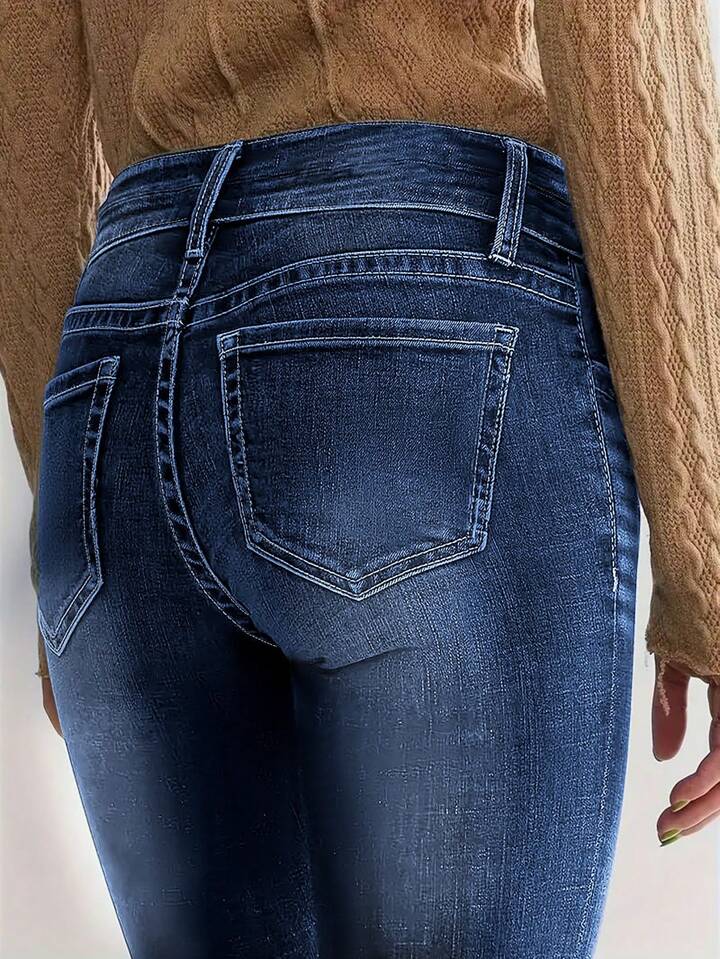 CM-BS378658 Women Casual Seoul Style Dark Wash Low Waist Slim Fit Flared Jeans