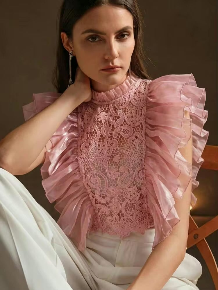 CM-TS427440 Women Elegant Seoul Style Stand Collar Sleeveless Layered Exaggerated Ruffle Blouse - Pink