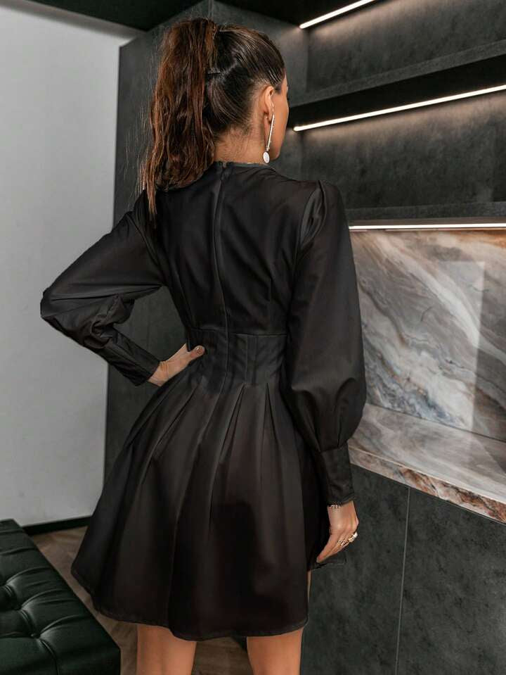 CM-DS107128 Women Elegant Seoul Style Deep V-Neck Irregular Hemline Dress - Black