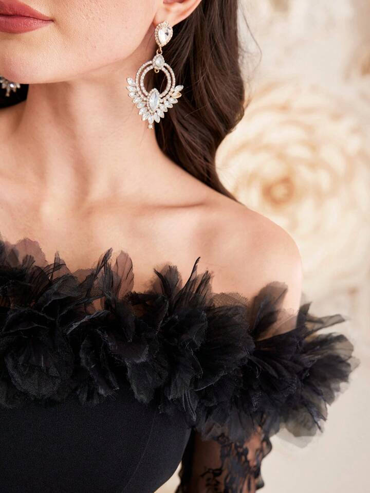 CM-JS463843 Women Elegant Seoul Style Lace Spliced One Shoulder Long Sleeve Jumpsuit - Black