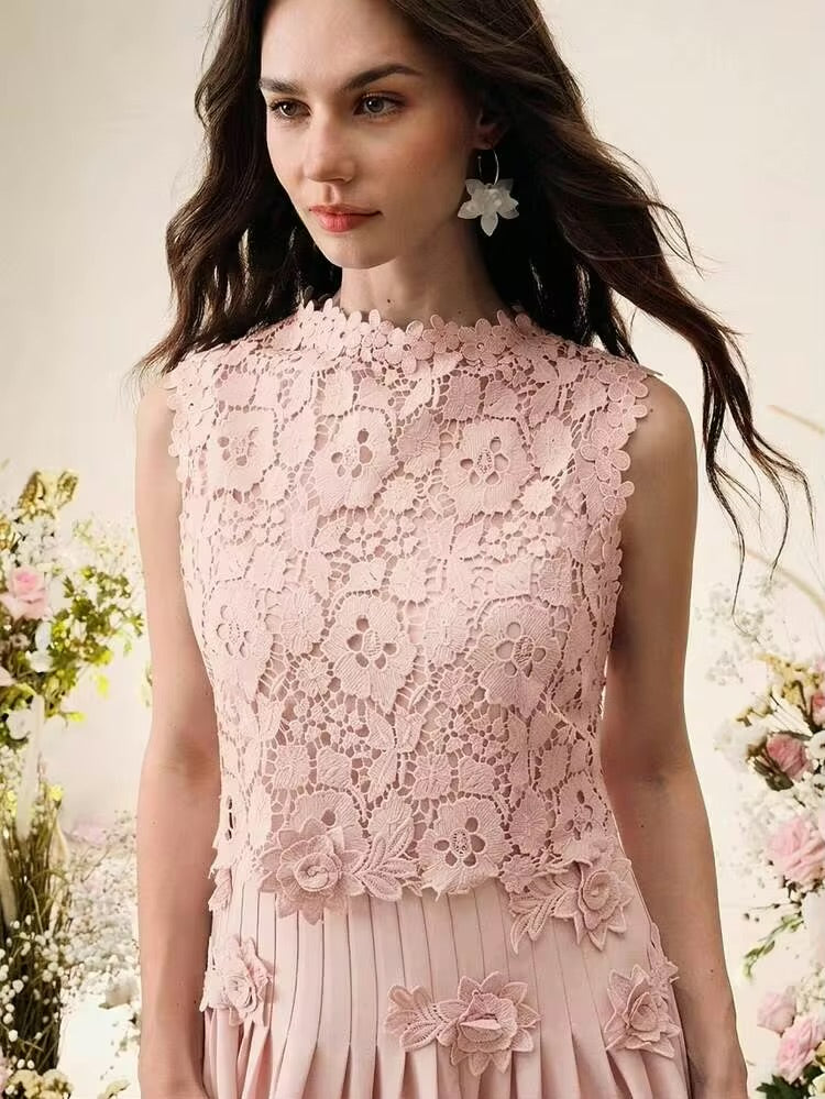 CM-DS194575 Women Elegant Seoul Style Stand Collar Sleeveless Floral Embroidered Lace Midi Dress - Pink