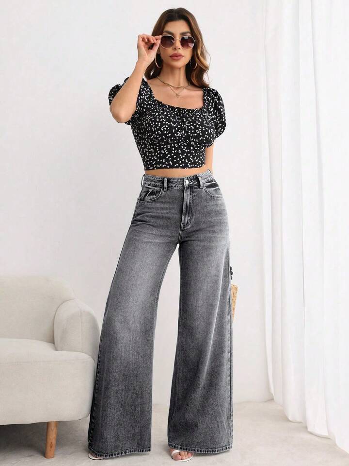 CM-BS603335 Women Elegant Seoul Style Button Front Pocket Loose Wide Leg Jeans - Gray