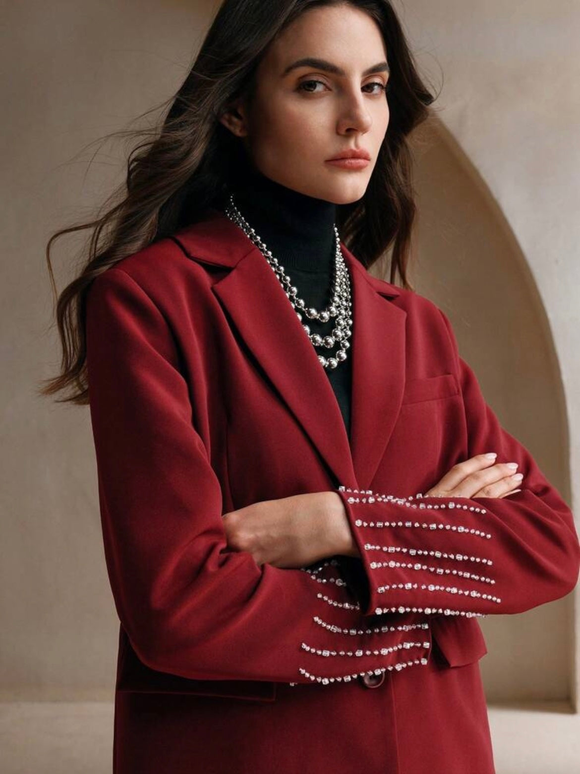 CM-SS977910 Women Elegant Seoul Style Lapel Neckline Colorblock Blazer Jacket With Slit Skirt - Set