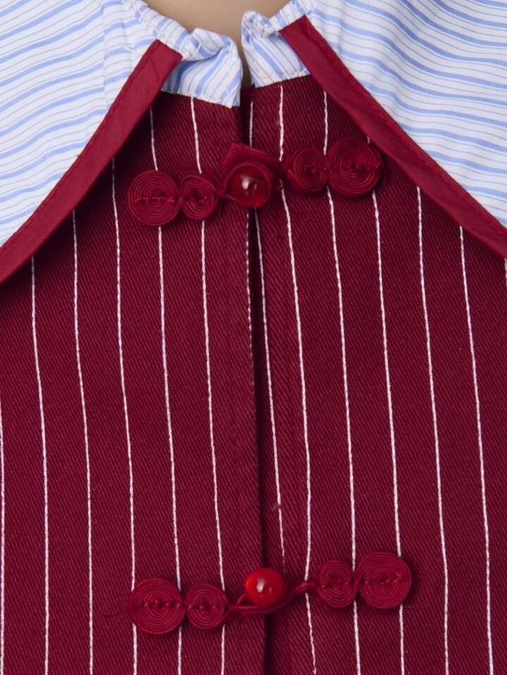 CM-CS486945 Women Casual Seoul Style Chinese Style Knotted Buttons Striped Long-Sleeve Fitted Jacket - Red