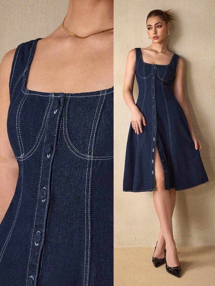 CM-DS519878 Women Elegant Seoul Style Solid Color Square Neck Sleeveless Knee Length Denim Dress - Blue