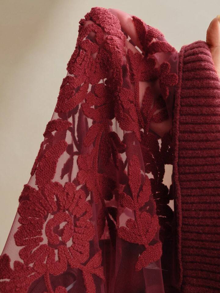 CM-CS301194 Women Casual Seoul Style Floral Pattern Round Neck Long Sleeve Knit Sweater - Burgundy