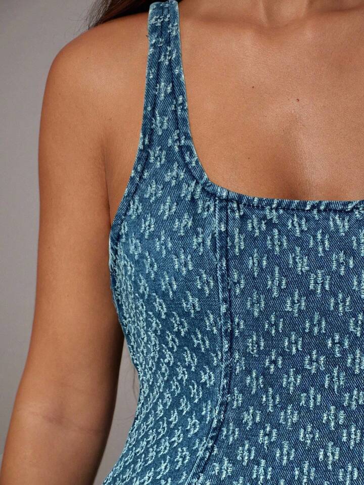 CM-DS070384 Women Elegant Seoul Style Light Wash Square Neck Sleeveless Jacquard Denim Dress