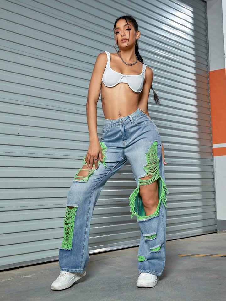 CM-BS802277 Women Casual Seoul Style Contrast Slant Pocket Distressed Ripped Cut Out Straight Leg Pants