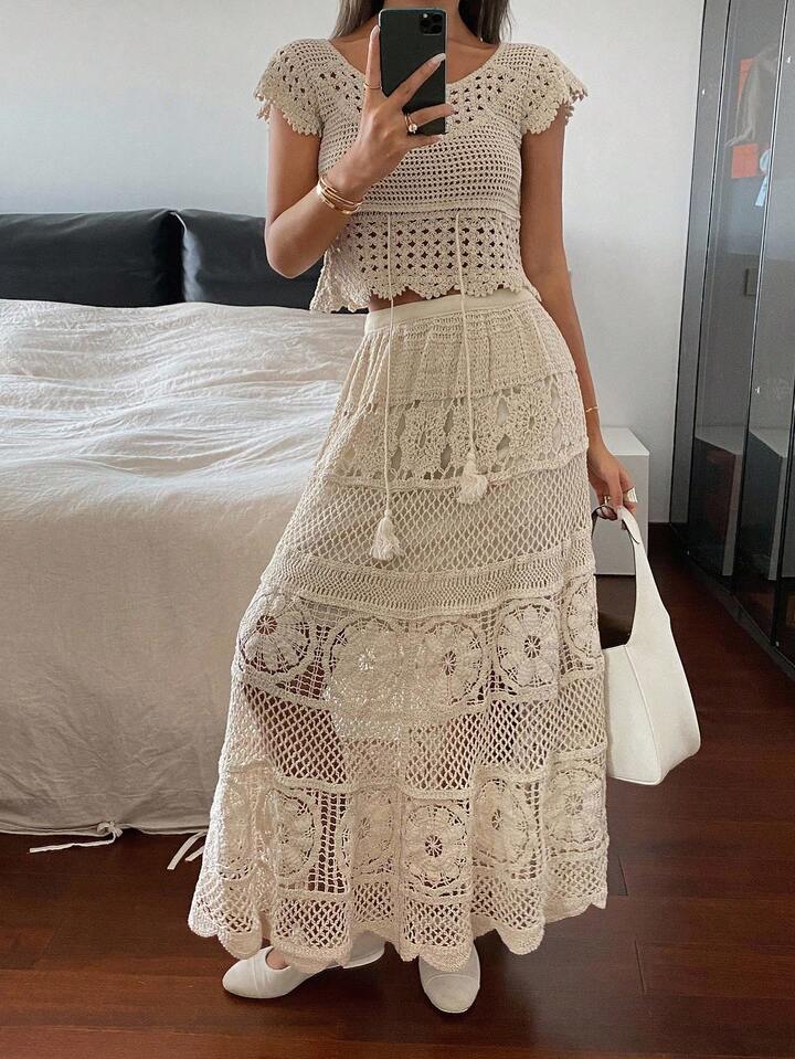 CM-SS154522 Women Trendy Bohemian Style Round Neck Puff Sleeve Knit Blouse With Long Skirt - Set