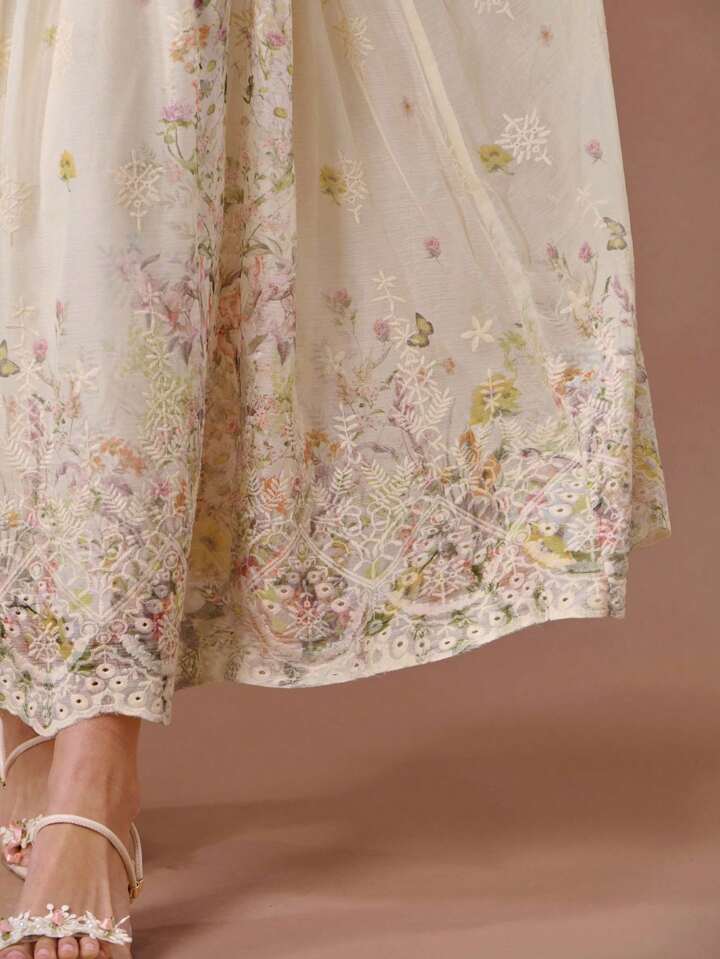 CM-DS074678 Women Elegant Seoul Style Floral Print Embroidered Single-Breasted Sleeveless Long Dress