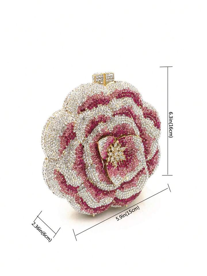CM-BGS009642 Women Elegant Seoul Style Floral Design Rhinestone Crystal Handmade Clutch Bag - Pink