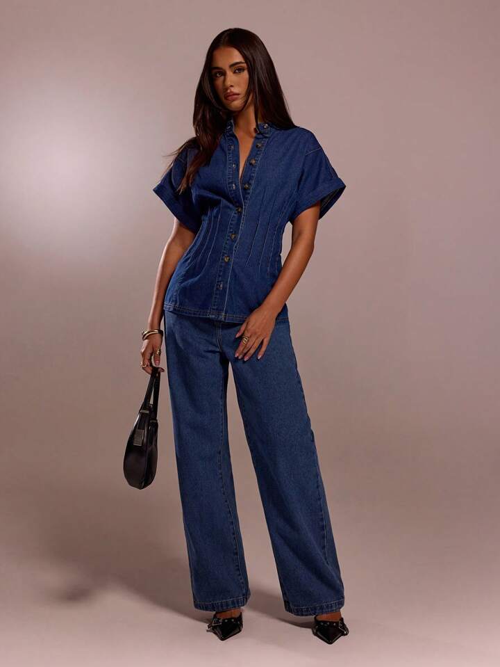 CM-TS897693 Women Casual Seoul Style Collar Neckline Short Sleeve Single-Breasted Loose Denim Top - Blue
