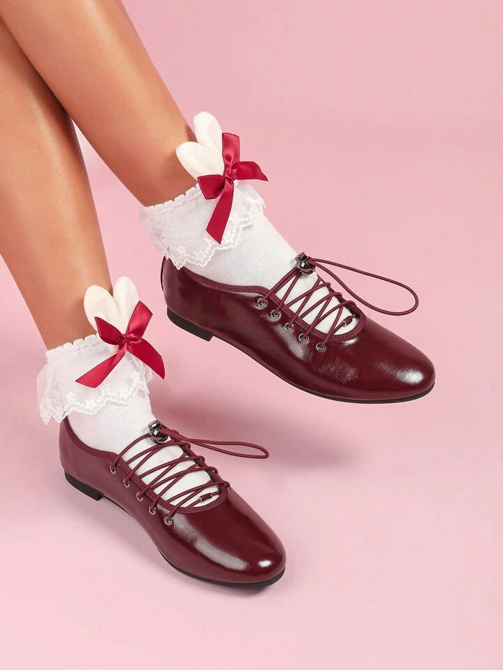 CM-SHS037718 Women Trendy Seoul Style Lace Up Thin Strap Round Toe Ballet Flat Shoes - Burgundy