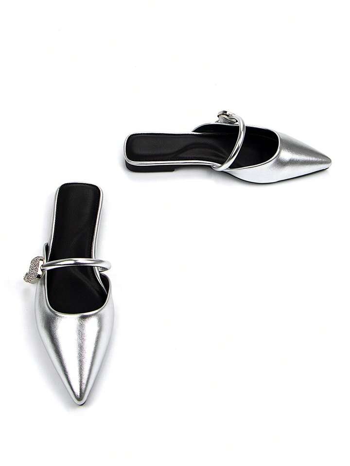 CM-SHS519185 Women Trendy Seoul Style Silver Crystal Encrusted Strap Decor Metallic Point Toe Mules - Silver