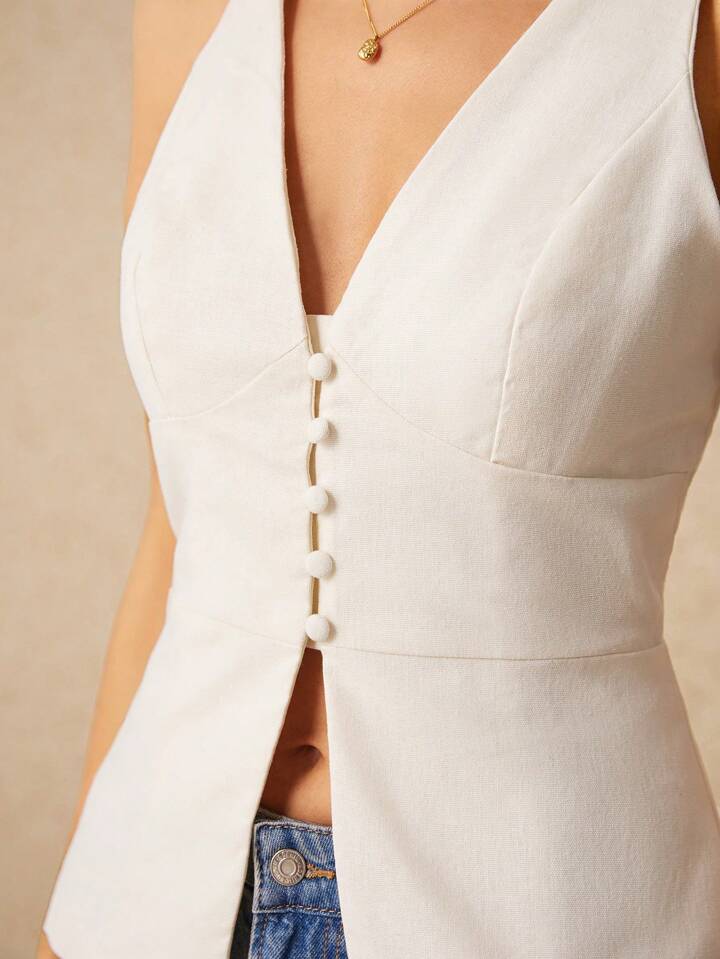 CM-TS484480 Women Casual Seoul Style V-Neck Sleeveless Buttoned Slits Shirt - Apricot